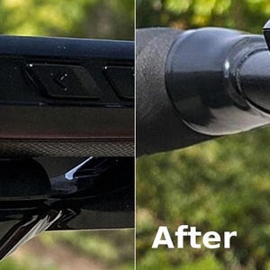May include: A black Garmin cycling computer mounted on a handlebar, shown in a before and after comparison. The before image displays a visible crack on the side of the device housing, while the after image shows the device repaired and intact.