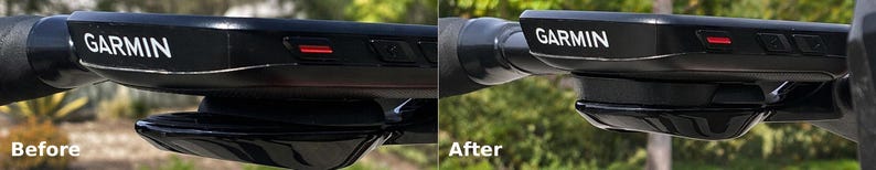 May include: A black Garmin cycling computer mounted on a handlebar, shown in a before and after comparison. The before image displays a visible crack on the side of the device housing, while the after image shows the device repaired and intact.