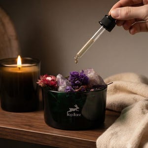 Può includere: Un barattolo di vetro verde scuro con la scritta bianca Hop Hare e un logo a forma di coniglio, riempito con cristalli di ametista viola e fiori secchi. Un contagocce in vetro versa un liquido trasparente nel barattolo, accanto a una candela accesa.