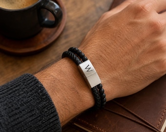 Personalized Men's Bracelet – Black Beaded & Braided Leather, Customizable Gift for Him
