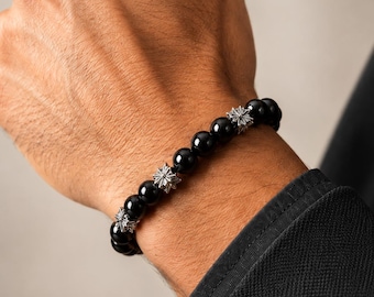 Men’s Black Beaded Bracelet, Bold Silver Spacer Bracelet for Him, Gothic Biker Jewelry, Boyfriend Gift, Husband Gift, Adjustable Bracelet