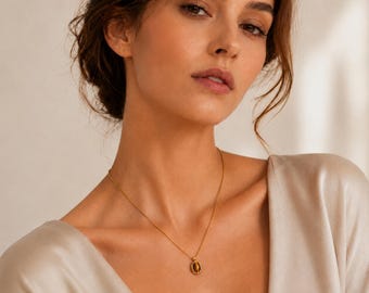 Gold Oval Stone Pendant Necklace, Vintage Gemstone Style Necklace, Black Green Brown Pendant Gift for Her