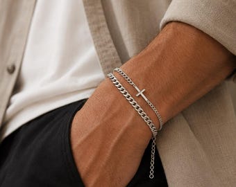 Pulsera de plata con cruz para hombre, pulsera de cadena cubana en capas, pulsera ajustable de acero inoxidable para hombre.