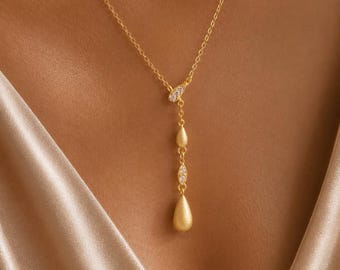 Gold Y Necklace for Women, Dainty Drop Lariat Necklace, Elegant Crystal Necklace, Bridal Jewelry Gift for Her