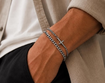 Men’s Silver Cross Bracelet, Layered Cuban Chain Bracelet, Adjustable Stainless Steel Bracelet for Him