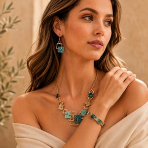 Teal Geometric Jewelry Set, Statement Necklace, Bracelet and Dangle Earrings, Gold Tone Square Links, Boho Gift for Women