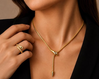 Gold Snake Ring and Necklace Set, Adjustable Snake Ring, Serpent Jewelry, Dainty Gold Jewelry Gift for Women