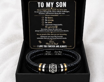To My Son Bracelet, Personalized Engraved Leather Bracelet for Men, Magnetic Clasp Stainless Steel Bracelet, Gift from Mom and Dad