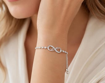 Adjustable Infinity Love Bracelet, Silver Crystal Bracelet for Women, Anniversary Gift for Wife Girlfriend