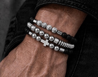 Men’s Cross Bracelet, Beaded Layered Bracelet, Christian Gift for Him, Husband Boyfriend Birthday Gift