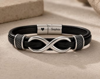 Personalized Infinity Bracelet for Men, Custom Name Leather Bracelet, Engraved Gift for Boyfriend or Husband