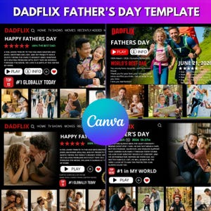 May include: A digital template titled DADFLIX FATHER'S DAY TEMPLATE featuring a streaming service interface layout. It includes multiple photo placeholders, star ratings, play buttons, and text fields like HAPPY FATHERS DAY and #1 GLOBALLY TODAY.