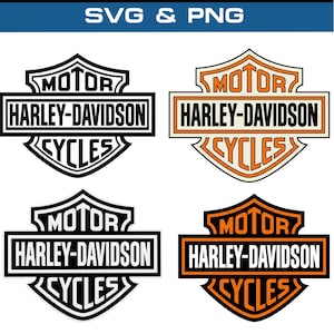 May include: Four digital graphic designs featuring the Harley-Davidson Motor Cycles shield logo. The designs include black and white outlines, orange and black colour schemes, and variations with solid black or orange text and borders in SVG and PNG.