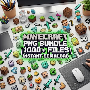Può includere: Una collezione digitale di risorse grafiche a tema Minecraft con personaggi, blocchi, strumenti e oggetti pixelati. Il testo centrale recita MINECRAFT PNG BUNDLE 1000+ FILES INSTANT DOWNLOAD, circondato da varie icone ispirate al gioco.