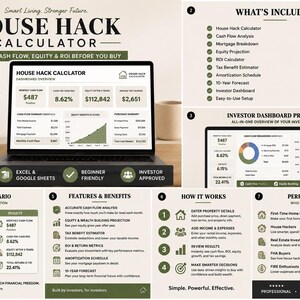 May include: A digital House Hack Calculator tool for Excel and Google Sheets, displayed on a laptop screen. The interface shows financial dashboards, cash flow analysis, equity projections, and ROI metrics with charts, graphs, and text-based investment data.
