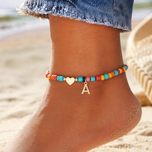 Personalized Initial Anklet, Colorful Beaded Ankle Bracelet, Custom Letter Jewelry, Summer Beach Gift for Her