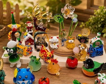 Handmade Glass Mini Animal Figurines Set, Colorful Lampwork Glass Collectibles, Cute Garden Decor Ornaments, Whimsical Home Gift Collection