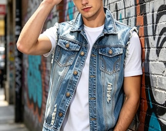 Men's Distressed Denim Vest, Vintage Washed Jean Jacket, Streetwear Y2K Layering Top