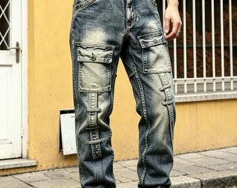 Cargo Jeans Men Y2K Streetwear Baggy Denim Pants Multi Pocket Loose Fit Utility Jeans