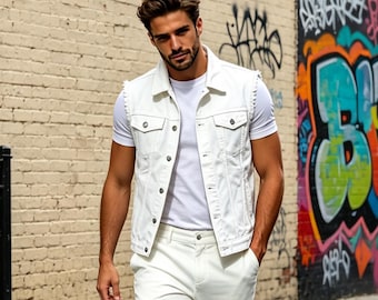 White Denim Vest, Sleeveless Jean Jacket, Distressed Casual Streetwear Layer