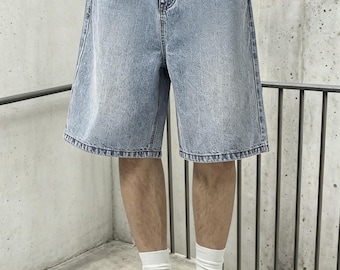 Men's Loose Baggy Denim Jorts, Vintage Wash Summer Streetwear Shorts, Customizable Print