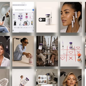 May include: A collection of images featuring medical aesthetic products, including vials of injectable solutions, syringes, and professional skincare treatments, displayed in various settings with clinical tools and digital interface overlays.