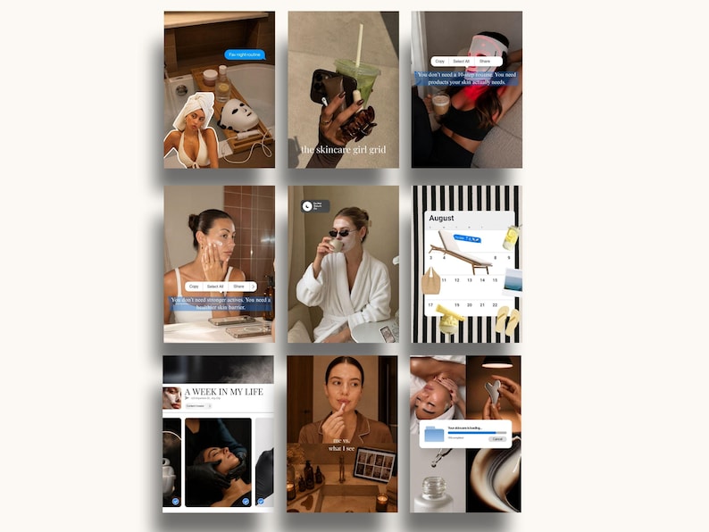 Skincare contents templates for instagrambusiness growth, built for content creators and skincare coaches. Includes nurse injector reels-style covers for a polished, clinical-meets-creator aesthetic. Posts, stories, and reel covers cover education, routines, and engagement content for skincare influencers and beauty professionals growing their personal brand on Instagram.