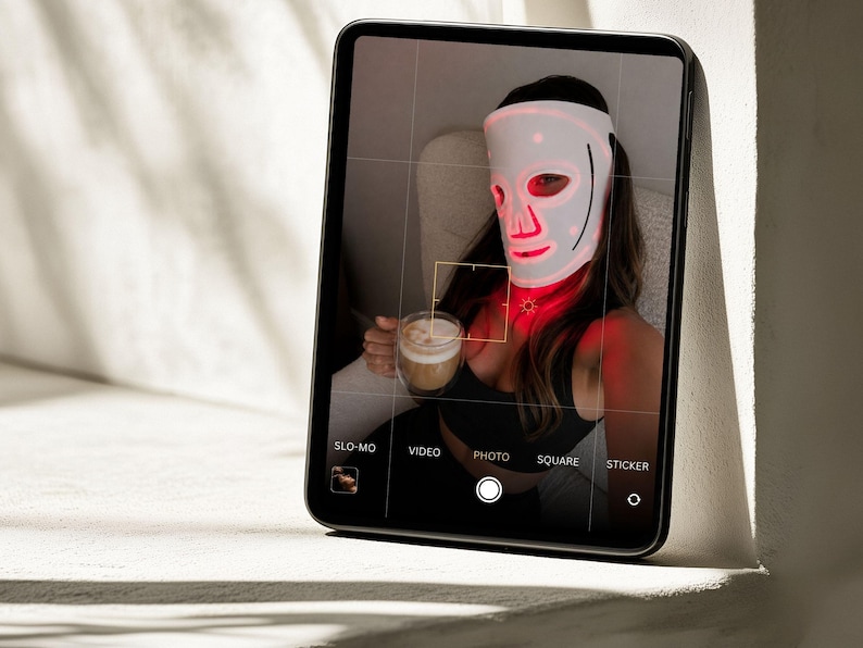 May include: A black tablet displaying a camera interface with a screen showing a person wearing a white LED light therapy mask that emits a red glow. The interface includes text labels for SLO-MO, VIDEO, PHOTO, SQUARE, and STICKER modes.