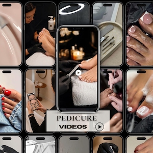 May include: A digital collage of smartphone screens displaying various pedicure procedures, including nail filing, polishing, and foot care. A central screen features a play button and the text PEDICURE VIDEOS, showcasing professional nail services.