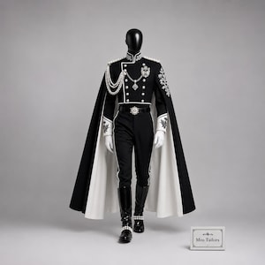 Uniforme militar vanguardista / Disfraz de guardia real de lujo con charreteras de perlas y capa.