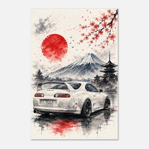 May include: A white sports car with a rear spoiler and a license plate reading JZA80 is depicted in a watercolor style. The scene features a large red sun, a snow-capped mountain, a traditional pagoda, and cherry blossom branches overhead.