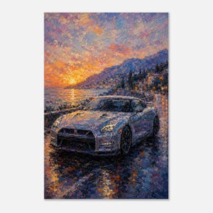 May include: An oil painting featuring a silver sports car parked on a coastal road at sunset. The scene displays thick, textured brushstrokes in shades of orange, purple, and blue, capturing the vehicle's front profile against a mountainous backdrop.