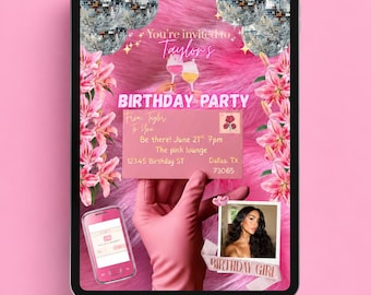 Invitación de cumpleaños Y2K editable de felpa rosa / Editable en Canva / Descarga digital