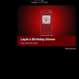 May include: A digital invitation for Layla's Birthday Dinner featuring a red, rhinestone-encrusted mobile phone graphic with a small red bow. The screen displays the text 'you have 1 new message' and 'CLICK PHONE TO OPEN' appears below the phone.