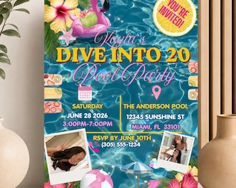 Plantilla de invitación de cumpleaños para fiesta en la piscina "Sumérgete en 20" de Kayla / Editable en Canva (Descarga digital)