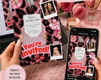 Plantilla de Canva para invitación de cumpleaños con estampado de leopardo rosa (descarga digital)
