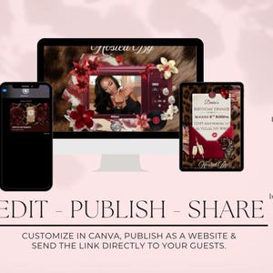 May include: A digital invitation template displayed on a computer monitor, tablet, and smartphone. The design features a red and leopard print theme with floral accents. Text includes EDITABLE ON CANVA, WORKS ON ANY DEVICE, and EDIT - PUBLISH - SHARE.