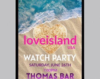 Plantilla de invitación para ver Love Island USA en grupo – Folleto editable en Canva