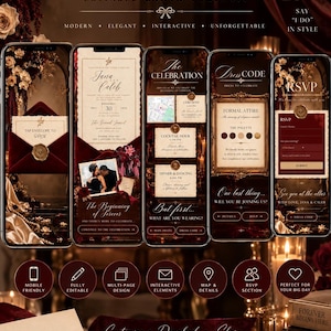 Peut inclure: Un modèle d'invitation de site web de mariage numérique affiché sur cinq smartphones, avec une palette de couleurs rouge foncé et or. Les écrans présentent des sections modifiables pour les détails de la cérémonie, le code vestimentaire et les formulaires RSVP.