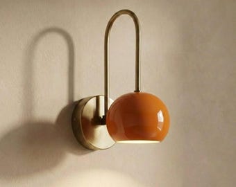 Mid Century Brass Wall Sconce | Orange Dome Light | Retro Italian Wall Lamp