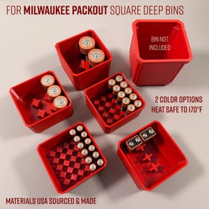 May include: Red Milwaukee Packout square deep bins, some filled with batteries. The bins are labeled with text that reads "BIN NOT INCLUDED", "2 COLOR OPTIONS", and "HEAT SAFE TO 170°F". The text "MATERIALS USA SOURCED & MADE" is also visible.