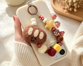 Brot Handykette aus Wollfilz für Frauen, Brauner Multicolor Perlen Stern Taschenanhänger, Kawaii Neutrales Schlüsselband Geschenk für Sie