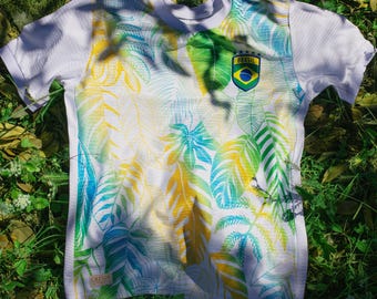 Brazil Retro Football Jersey, Yellow and Green Polyester Kit, Vintage Blokecore Shirt, Brazilian Crest Premium Unisex Athletic Top