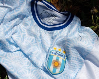 Argentina Retro Football Jersey, Blue and White Polyester Kit, Vintage Blokecore Shirt, Argentine Crest Premium Unisex Athletic Top