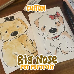 Op de afbeelding: Twee handgetekende illustraties van honden op wit papier. De linkerhond is goudbruin en draagt een zwarte hoge hoed. De rechterhond is wit met bruine vlekken, een rode strik en een rode halsband met een botvormig naamplaatje.