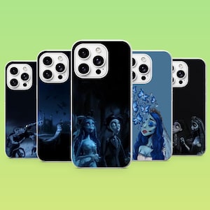 May include: Five smartphone cases featuring various scenes and characters from the animated film Corpse Bride. The designs include dark blue and black backgrounds with illustrations of the main characters, blue butterflies, and gothic architectural elements.