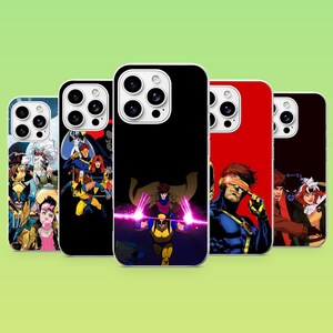 May include: Five smartphone cases featuring various X-Men comic book character illustrations. The designs include Wolverine, Cyclops, Gambit, Rogue, and Storm in vibrant colours against black, red, and multi-coloured backgrounds with detailed artwork.
