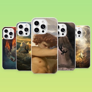 Puede incluir: Cinco fundas para smartphone con impresiones de arte clásico. Los diseños incluyen una figura con cabello rojo, seres alados en cielos oscuros y formaciones de nubes dramáticas con rayos de luz. Cada funda tiene un recorte para la cámara.