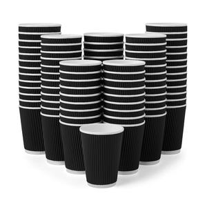 May include: A large collection of black disposable cups arranged in a triangular formation. Each cup features a vertical ribbed texture on the exterior and a smooth white interior rim. The cups are stacked in multiple columns of varying heights.