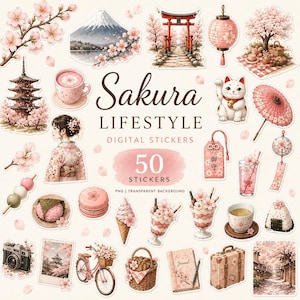 May include: A collection of 50 digital stickers featuring Sakura lifestyle themes including Mount Fuji, a torii gate, a maneki-neko cat, cherry blossoms, a tea cup, a bicycle, a picnic basket, a camera, a suitcase, and various Japanese food items.
